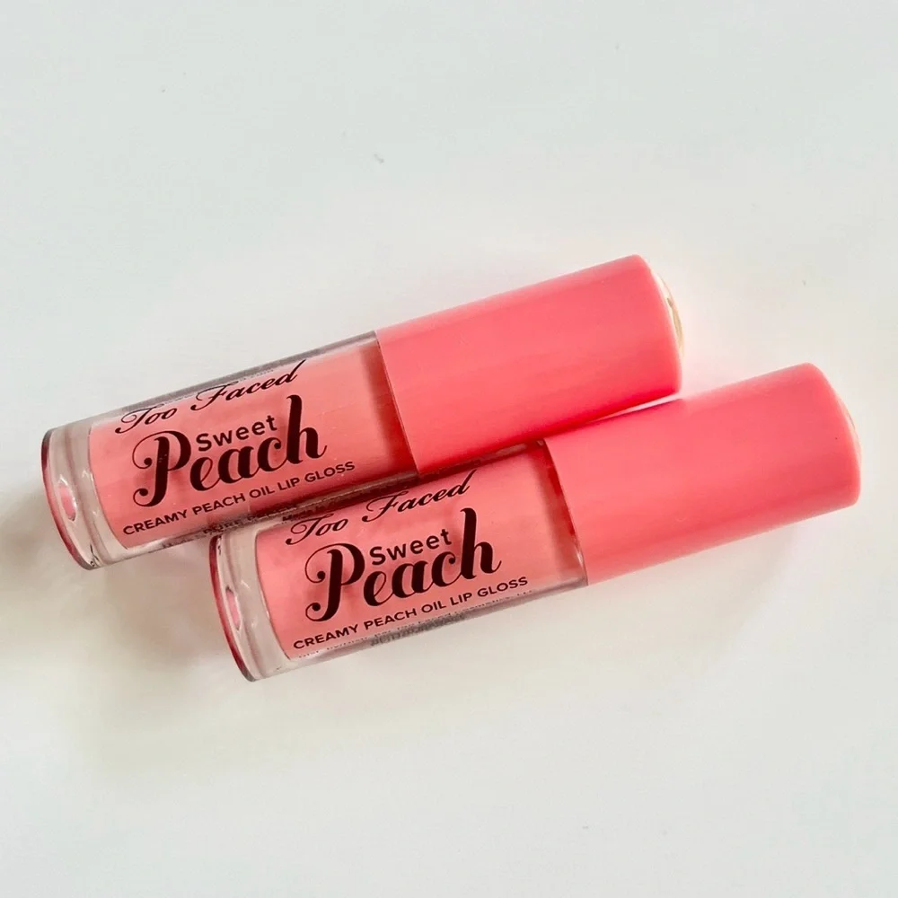 NEW Too Faced Sweet Peach Creamy Peach Oil Lip Gloss Pure Peach Mini Set Of 2